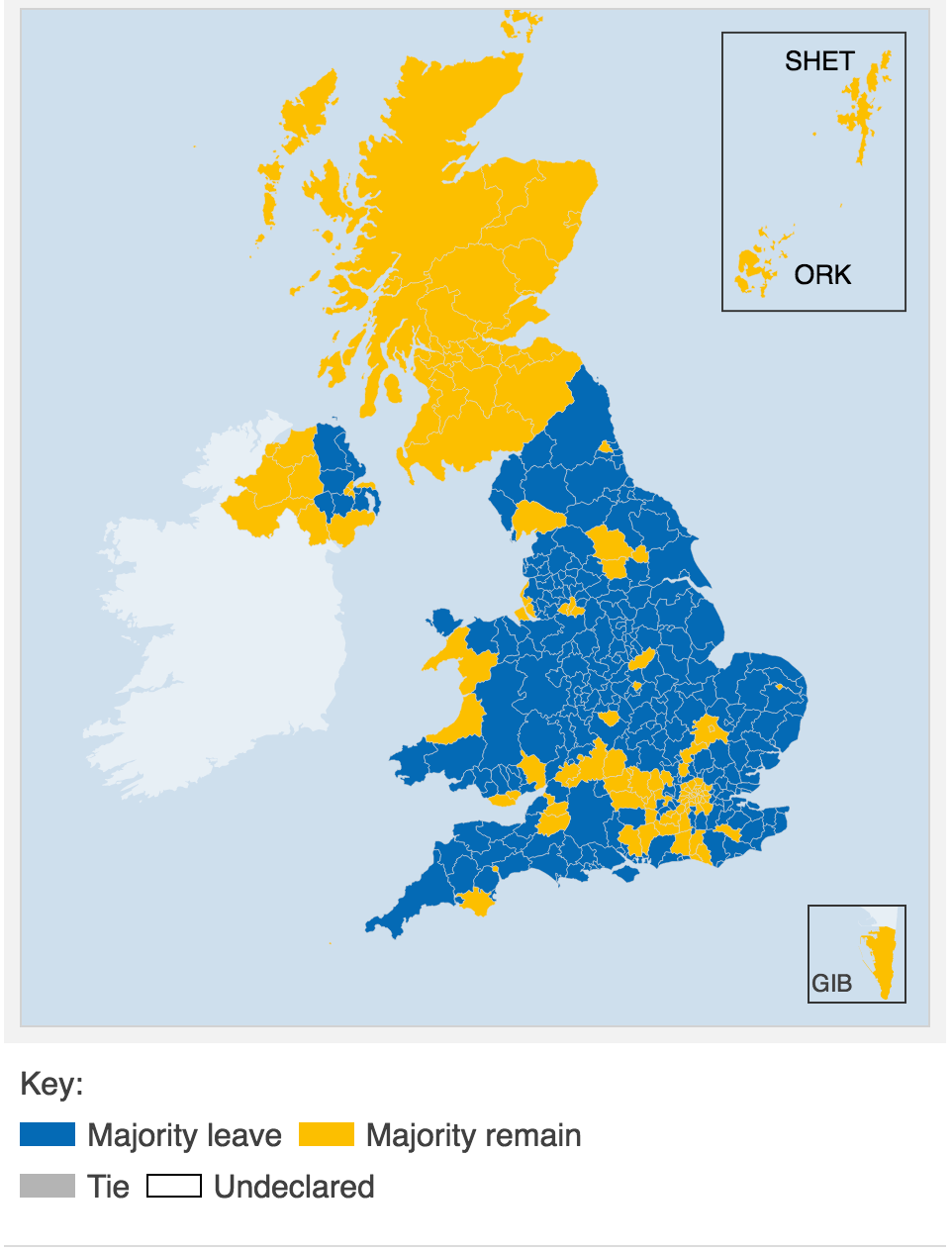 Mappa del Regno Unito con la distribuzione del voto Leave e Remain