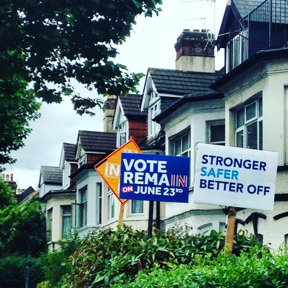 A house with Remain posters in the windows